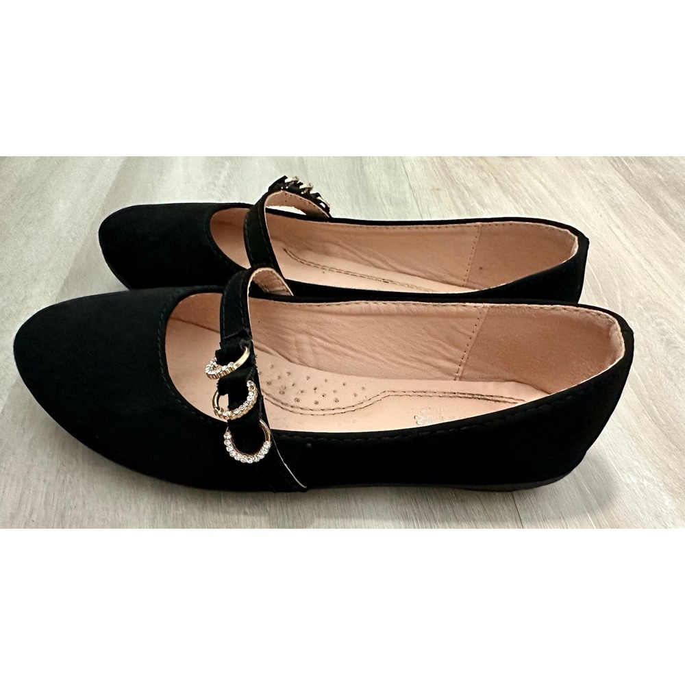 Kids Black Suede Mary Jane Flats with Rhinestone Buckle Accent‎ sz 13